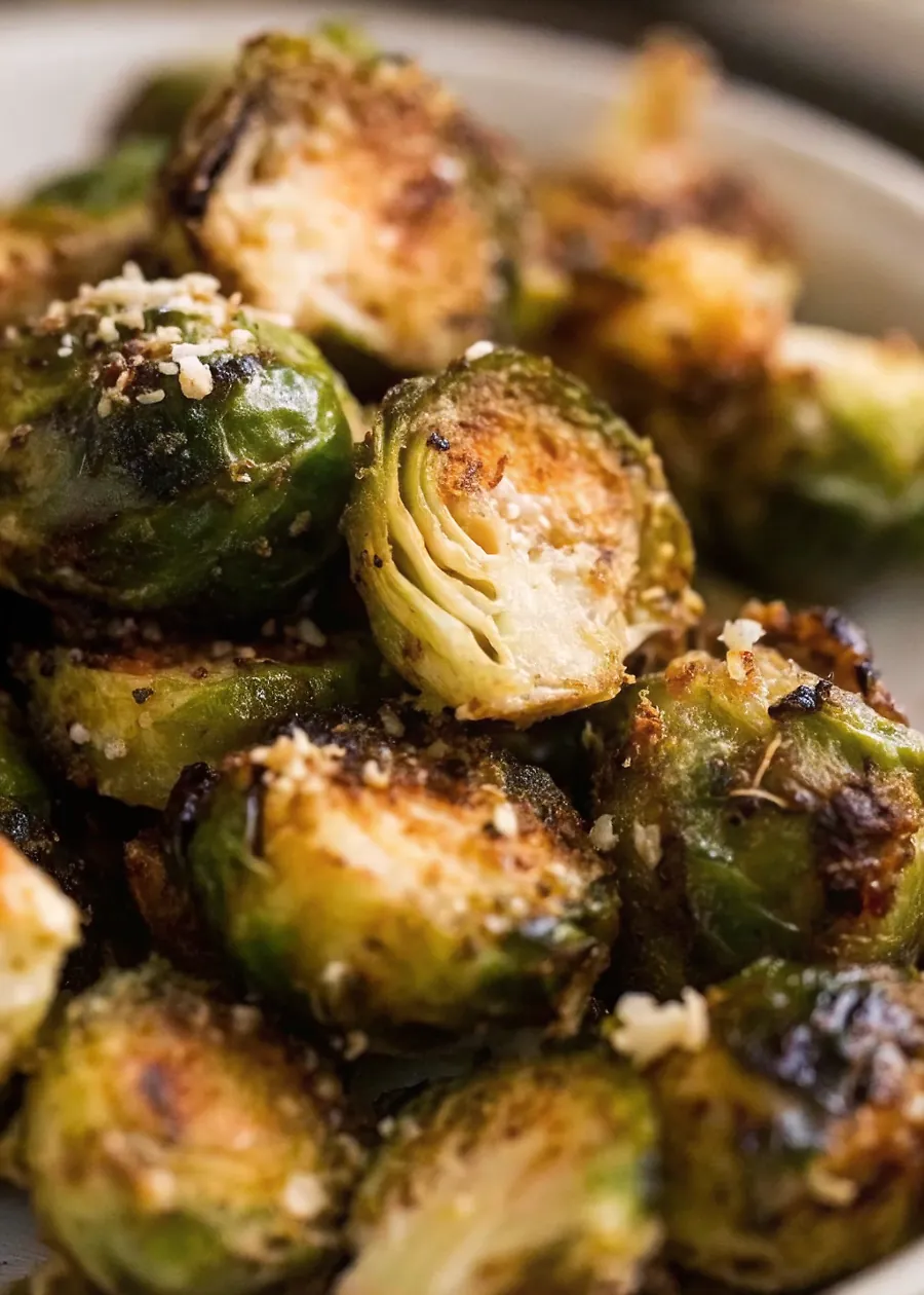 Perfectly seared CRISPY Parmesan Roasted Brussels Sprouts served professional style