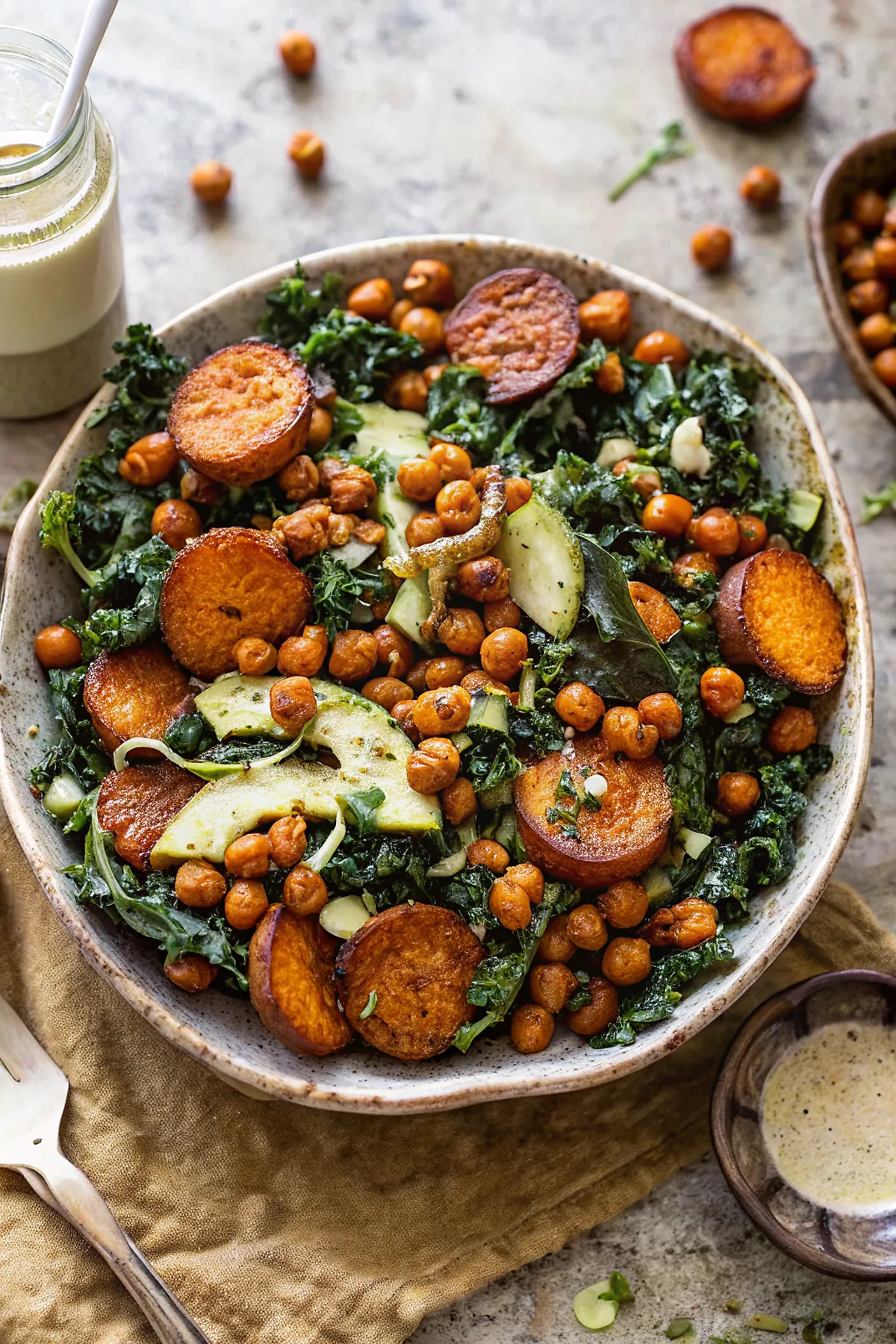 Perfectly seared Kale Caesar Salad with Sweet Potatoes and Crispy Chickpeas served professional style