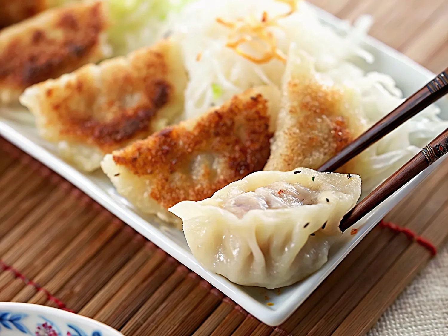 Perfectly seared The Best Gyoza (Japanese Pork and Cabbage Dumplings) served professional style