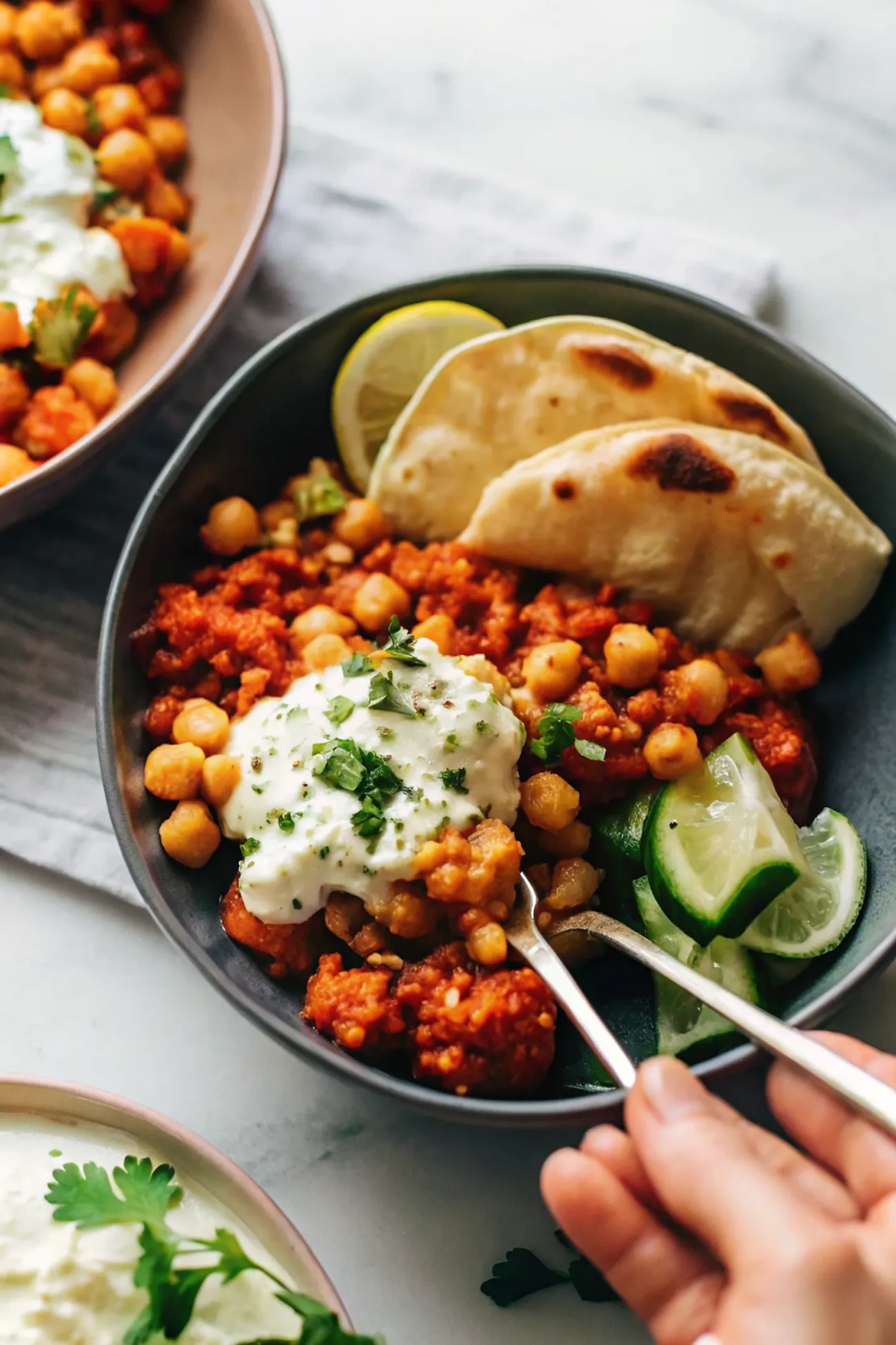 Perfectly seared Harissa Chickpeas with Whipped Feta served professional style
