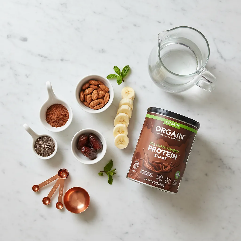 20g Plant-Based Protein Shake Creamy Chocolate ingredients organized for rapid prep on a dark wood board