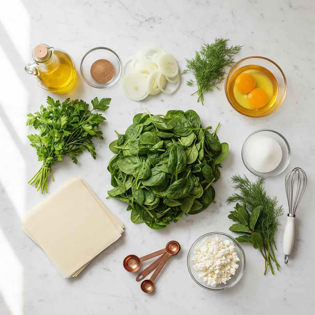 Spanakopita ingredients organized for rapid prep on a dark wood board