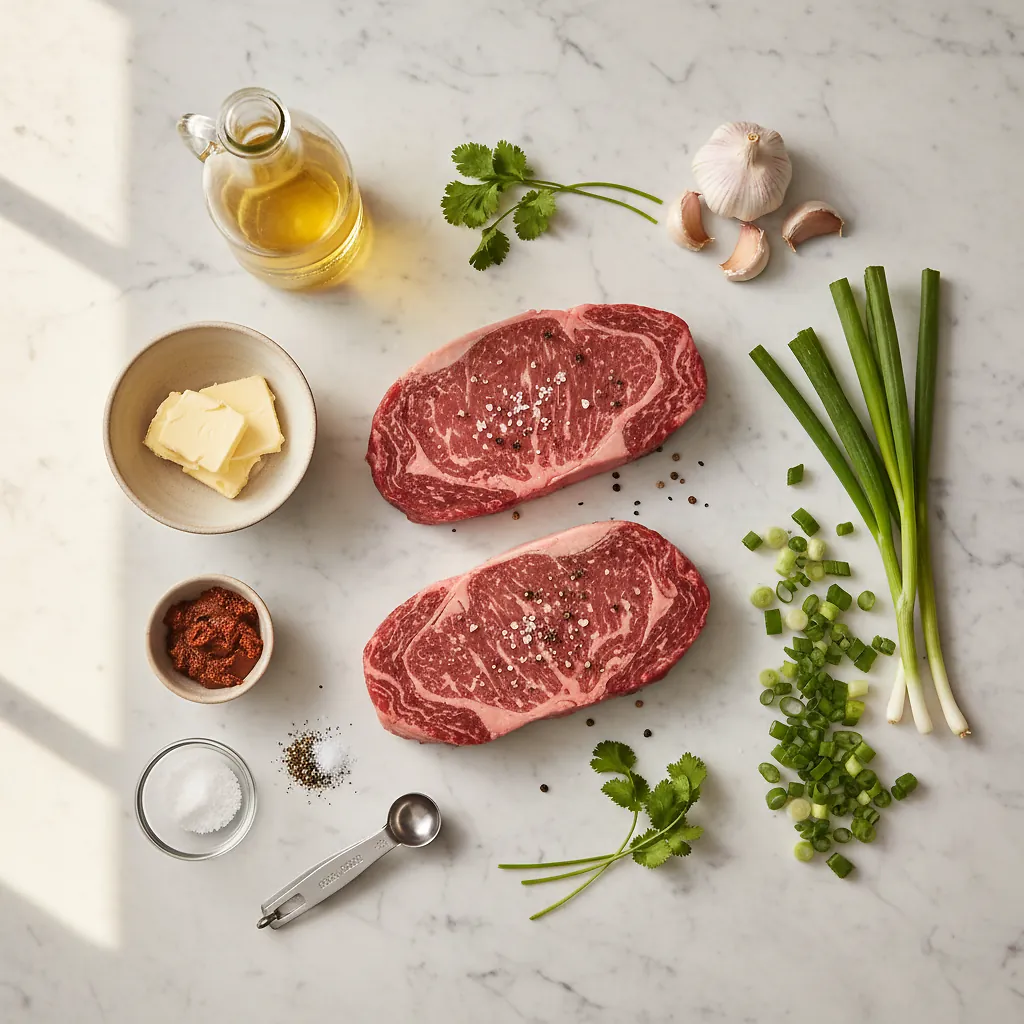 Pan-Seared Ribeye with Miso Butter ingredients organized for rapid prep on a dark wood board