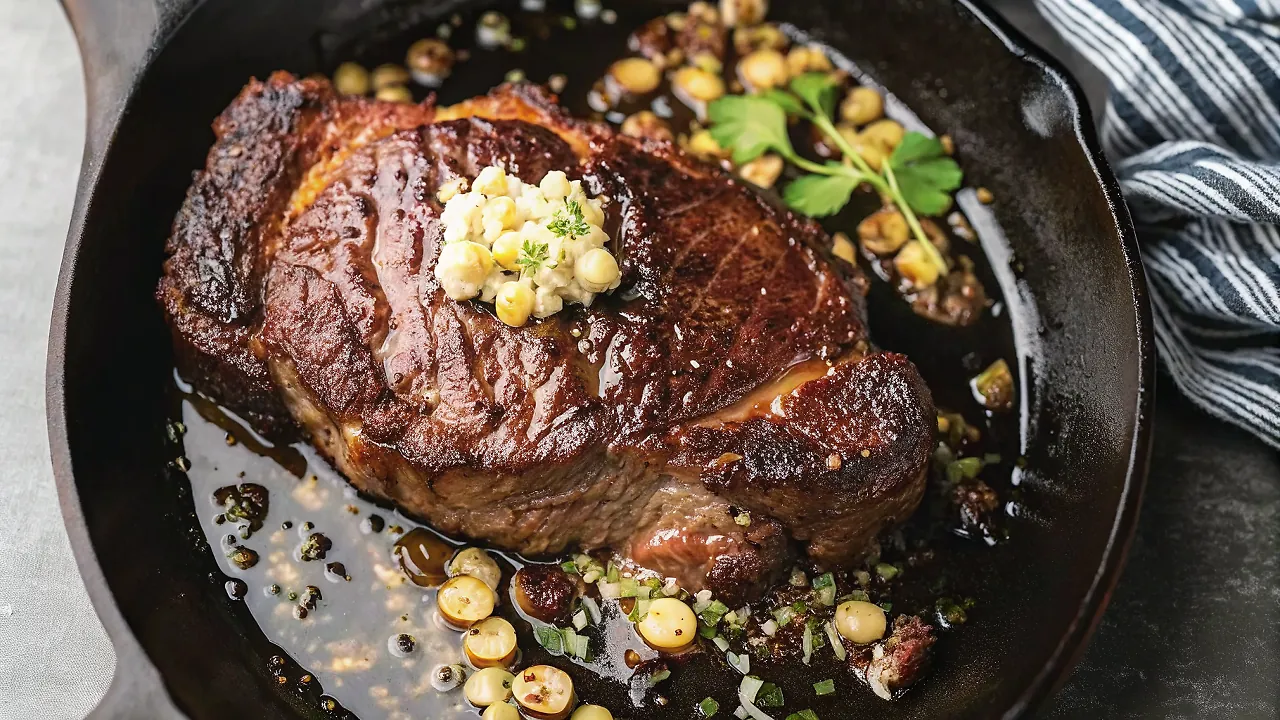 Perfectly seared Pan-Seared Ribeye with Miso Butter served professional style