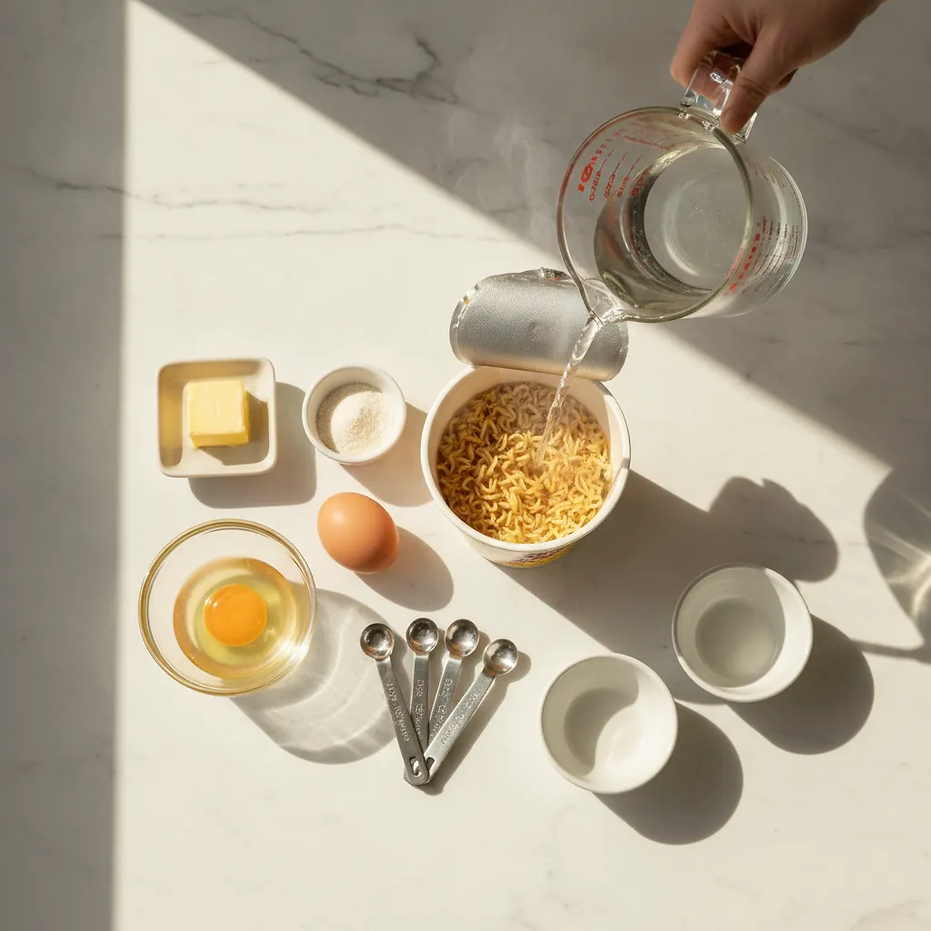 Kylie's Ramen ingredients organized for rapid prep on a dark wood board