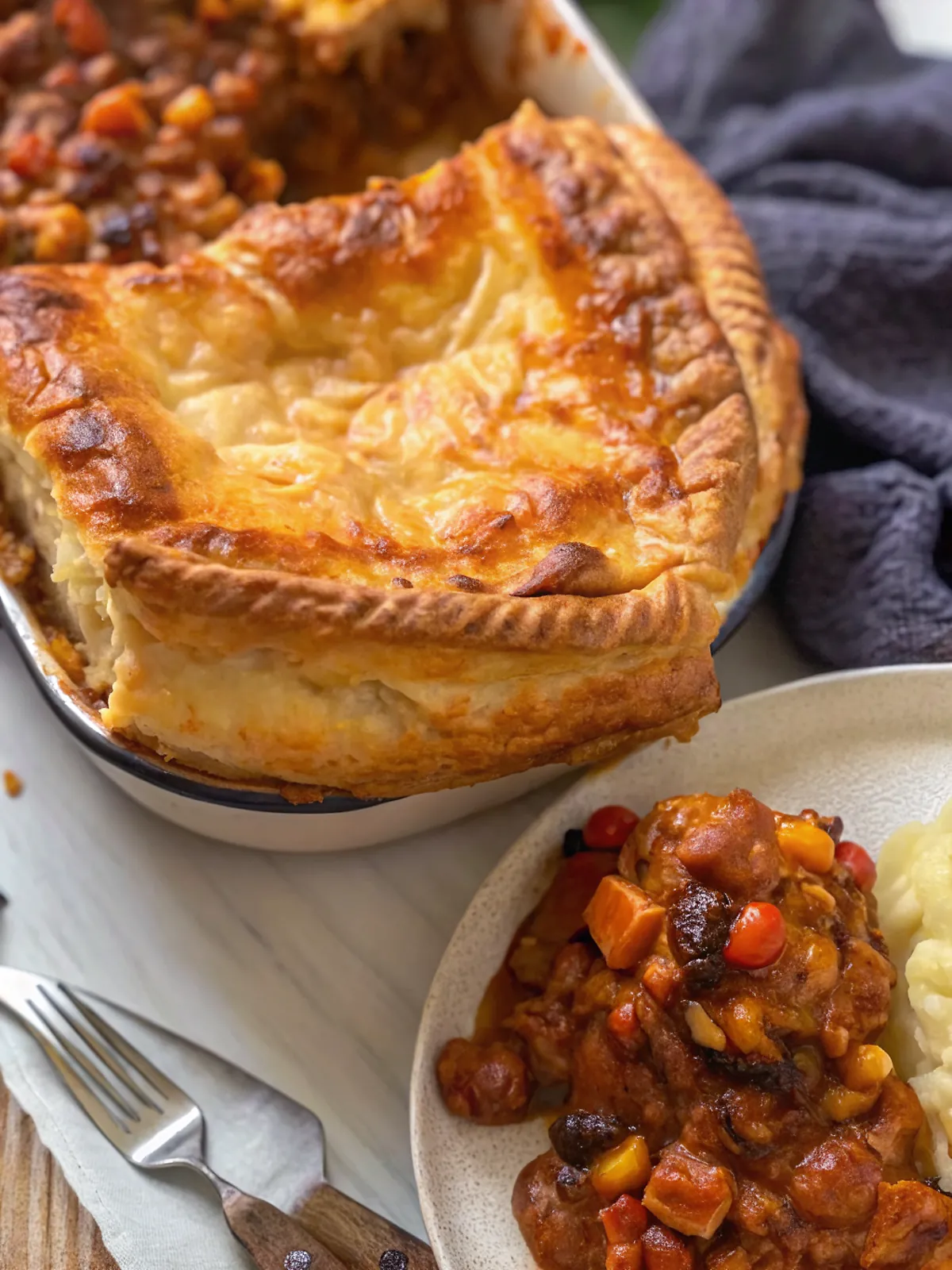Perfectly seared Chilli Bean Pie served professional style