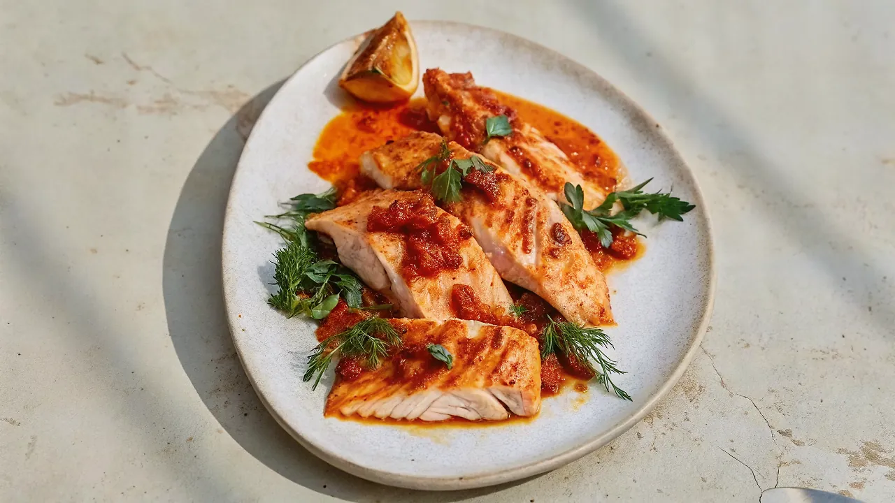 Perfectly seared Slow-Roasted Salmon With Harissa served professional style