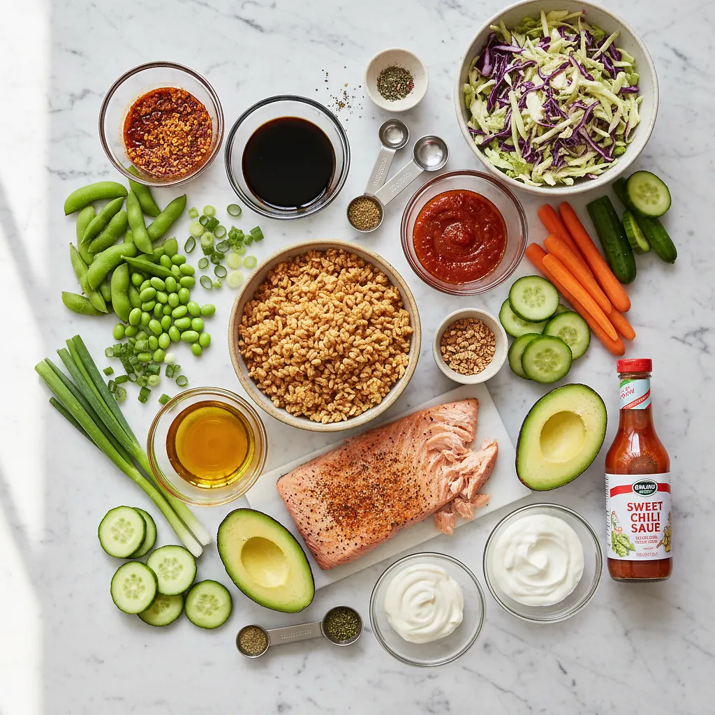 Salmon Crispy Rice Salad ingredients organized for rapid prep on a dark wood board