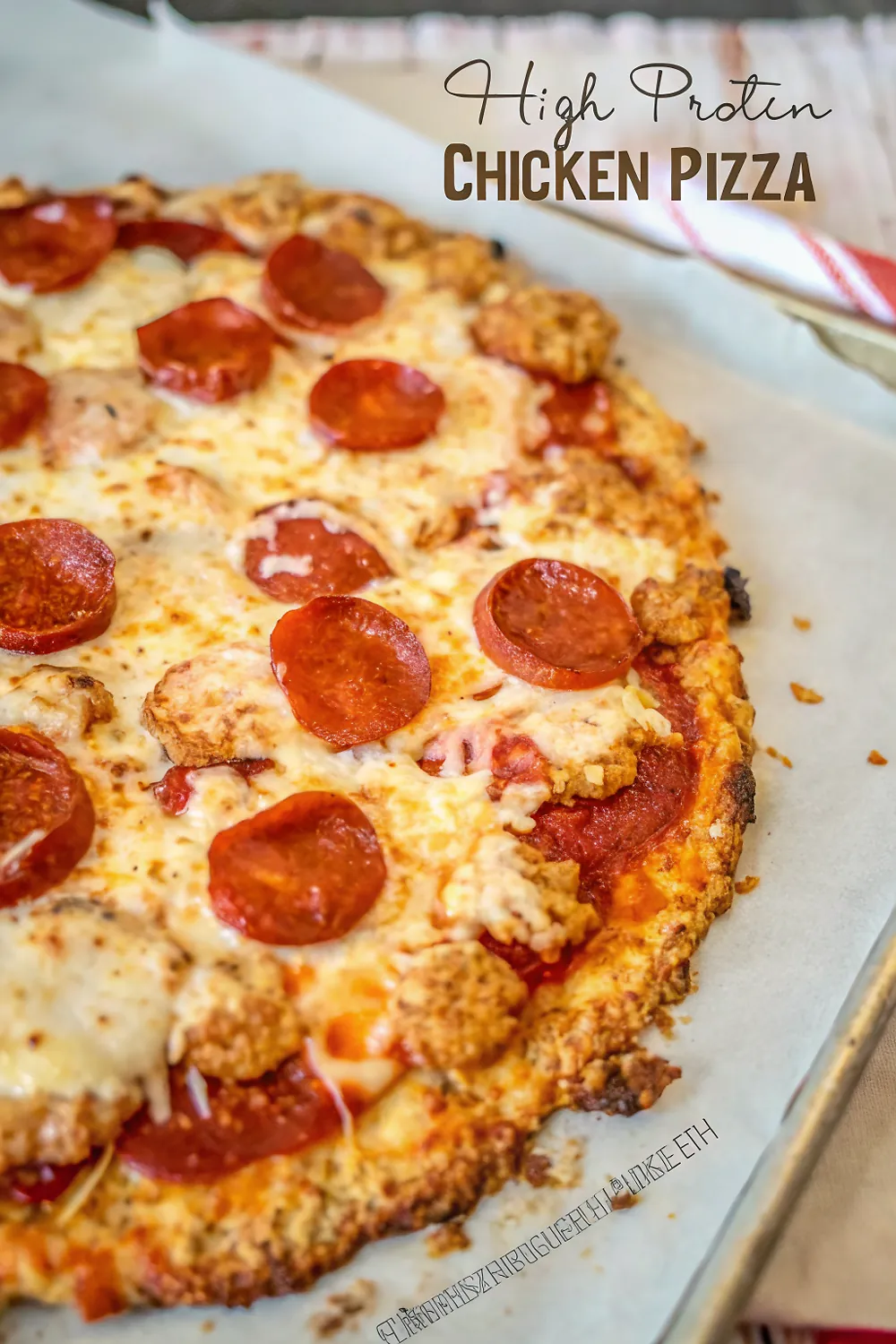 Perfectly seared High Protein Chicken Crust Pizza served professional style