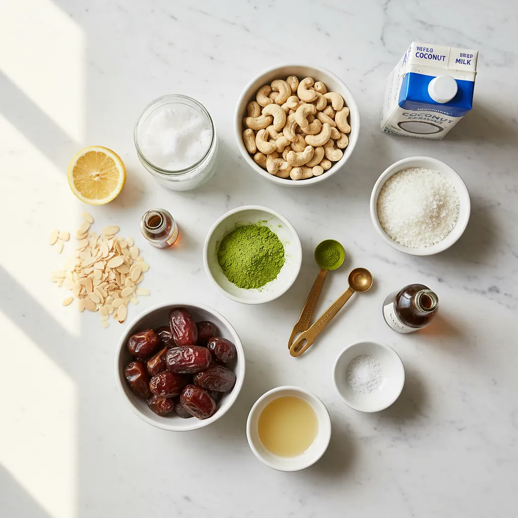 Matcha Cheesecake (Vegan, Paleo, No-Bake) ingredients organized for rapid prep on a dark wood board