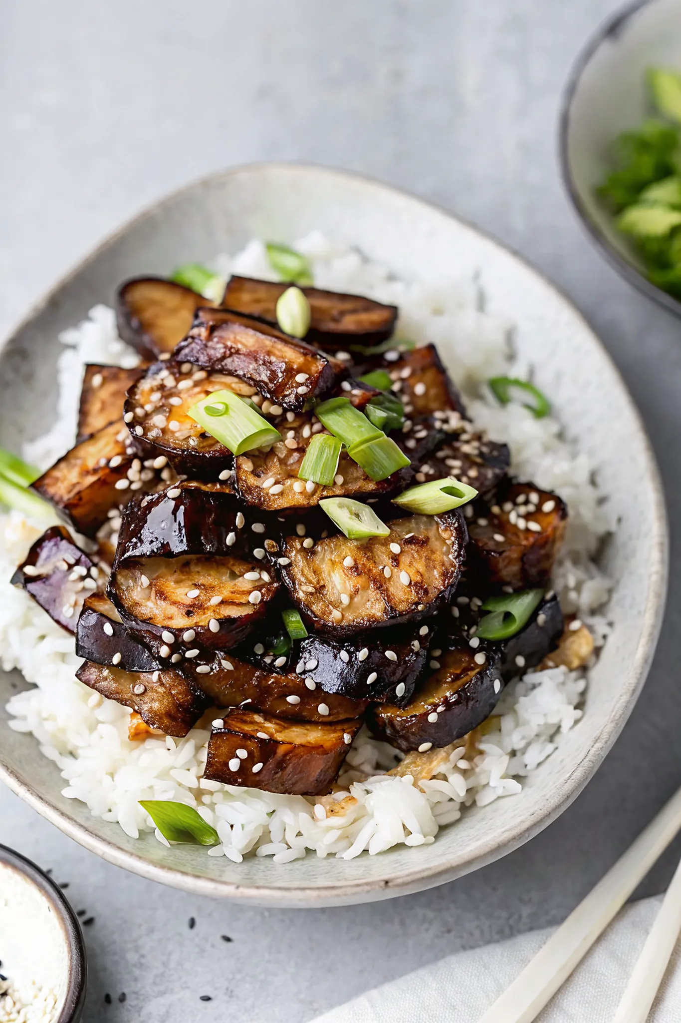 Perfectly seared Marinated Teriyaki Eggplant served professional style