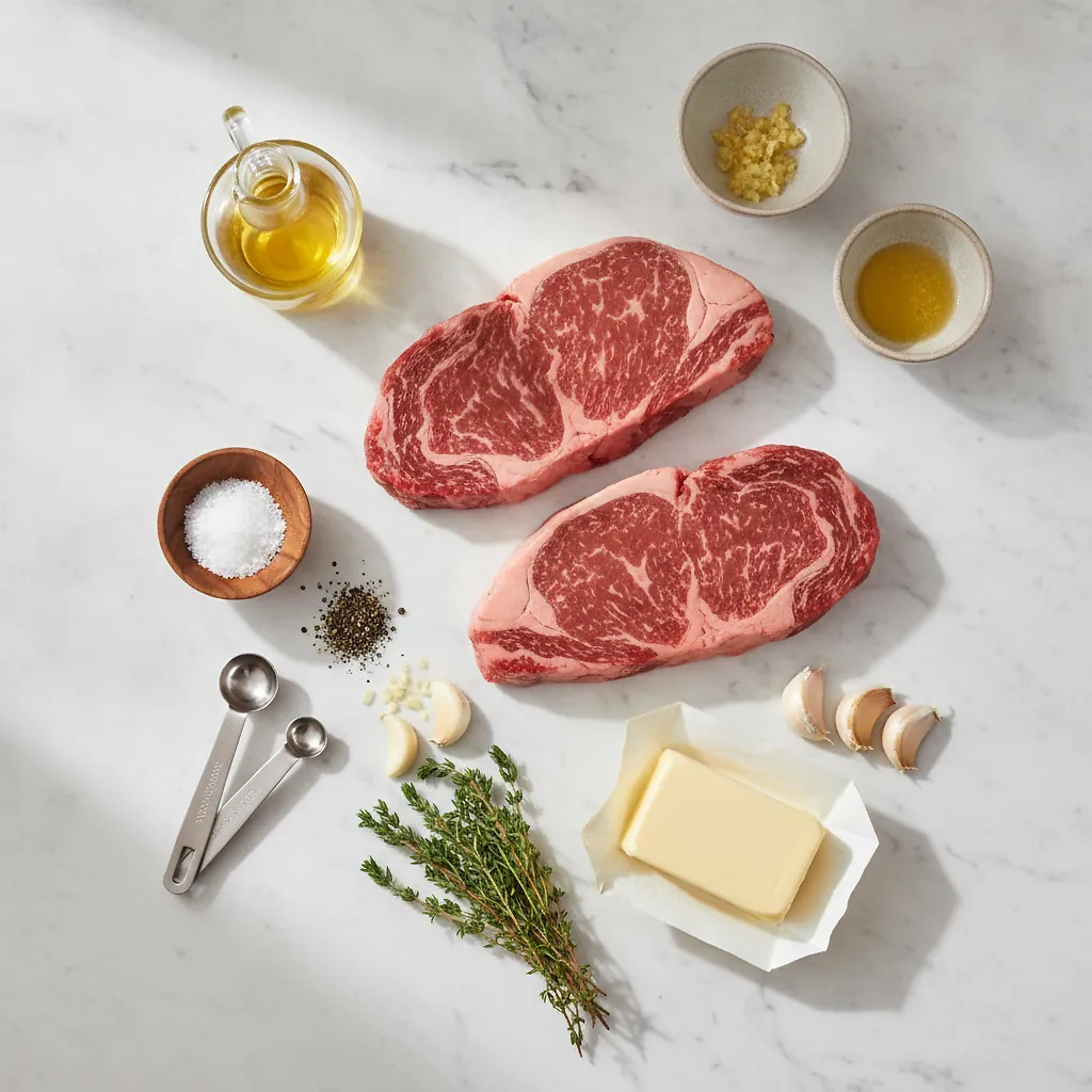 Skillet Seared Steak with Garlic Butter ingredients organized for rapid prep on a dark wood board