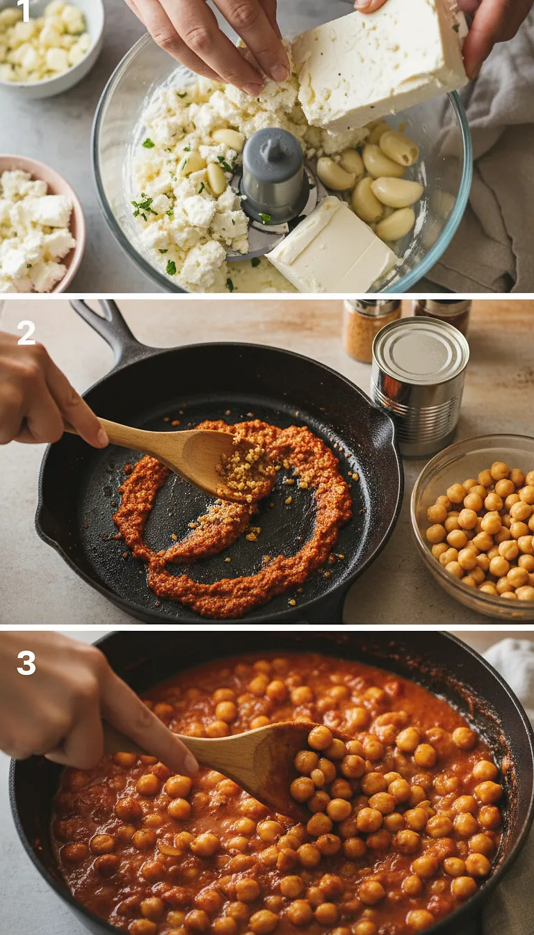 Step-by-Step High Heat Execution for Harissa Chickpeas with Whipped Feta