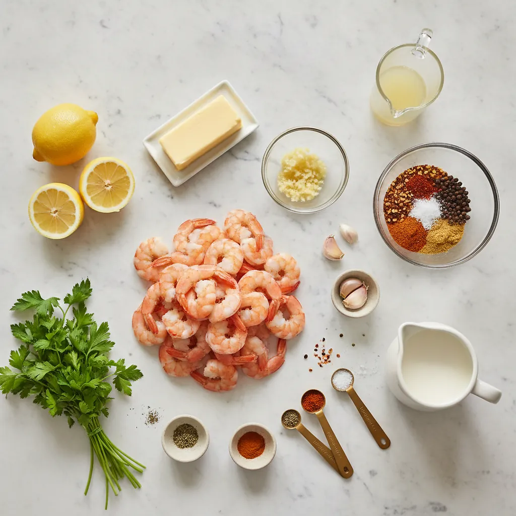 Creamy Lemon Garlic Butter Shrimp ingredients organized for rapid prep on a dark wood board