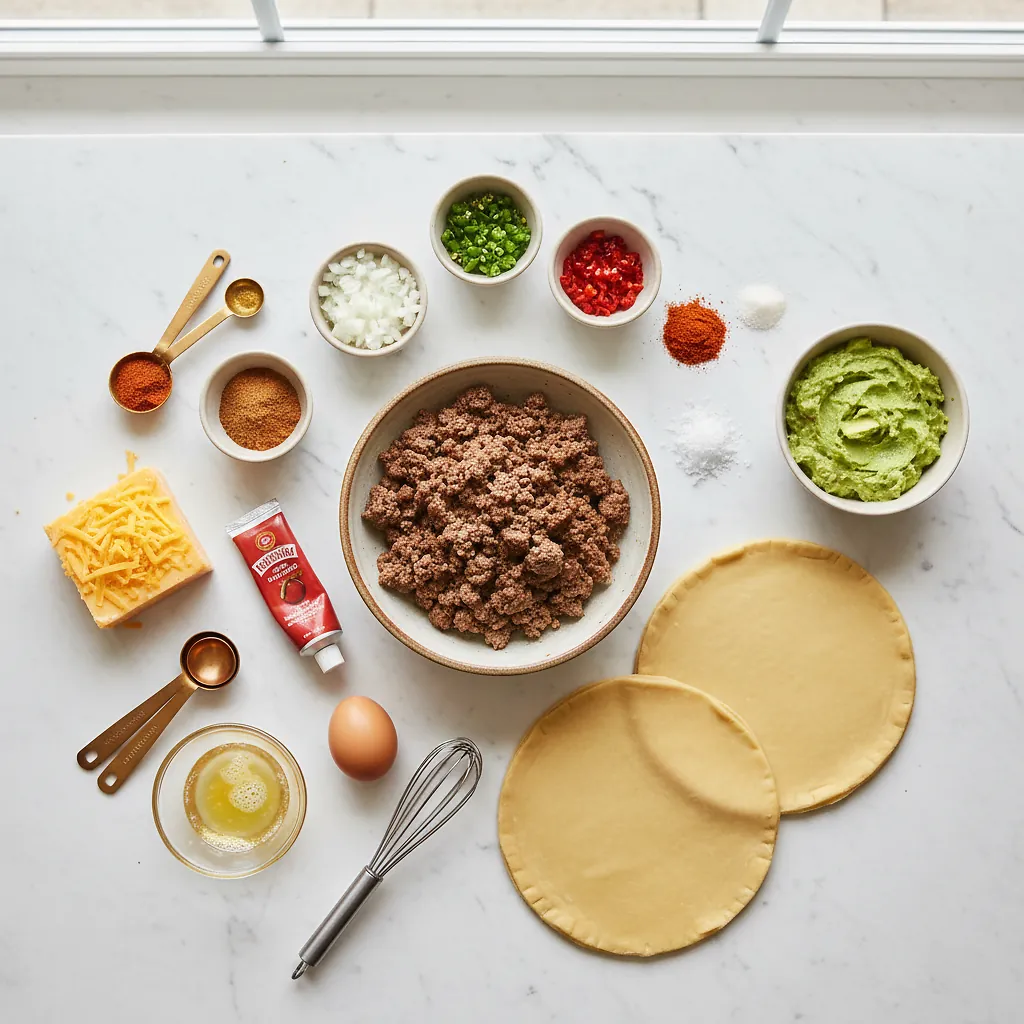 Beef Empanadas ingredients organized for rapid prep on a dark wood board