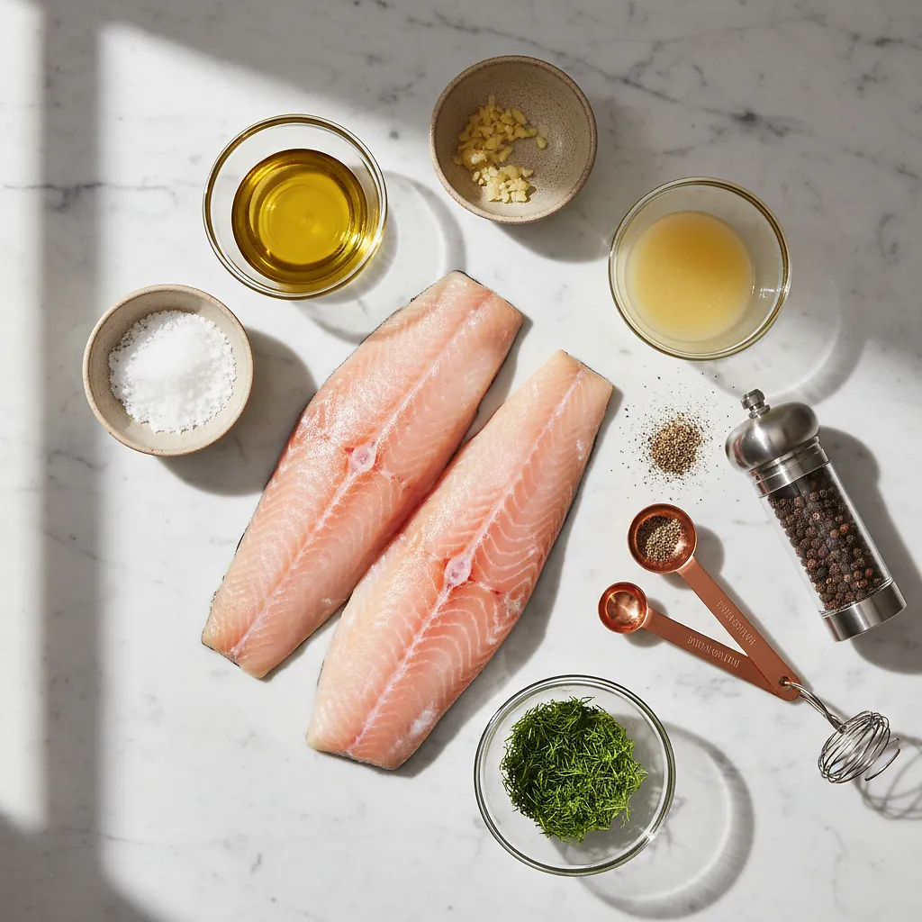 Pan Seared Arctic Char with Lemon-Dill Butter ingredients organized for rapid prep on a dark wood board
