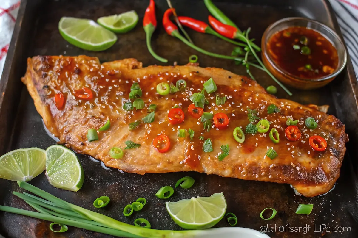 Perfectly seared Baked Arctic Char With Honey Soy Marinade served professional style