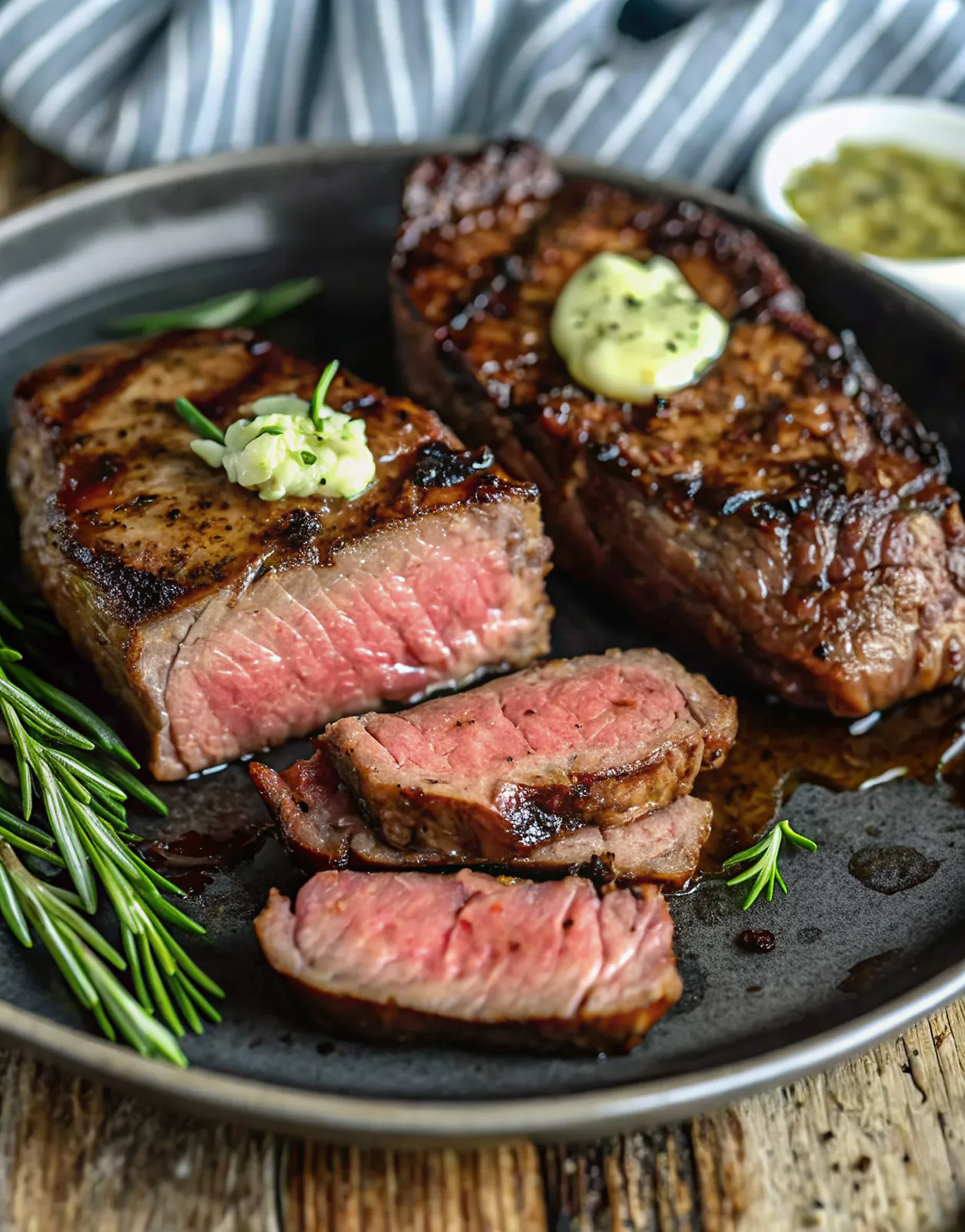 Perfectly seared Pan Seared Steak With Compound Butter served professional style