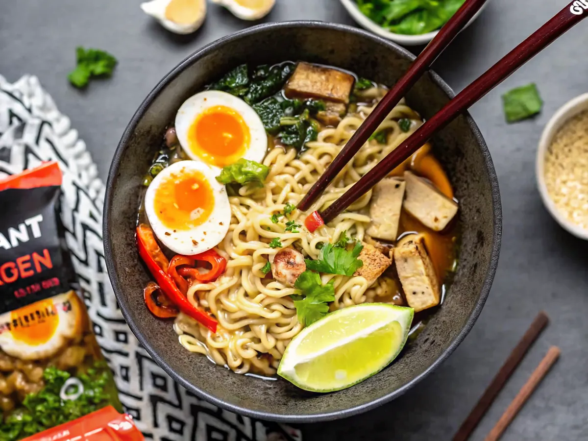 Perfectly seared Upgraded Instant Ramen served professional style