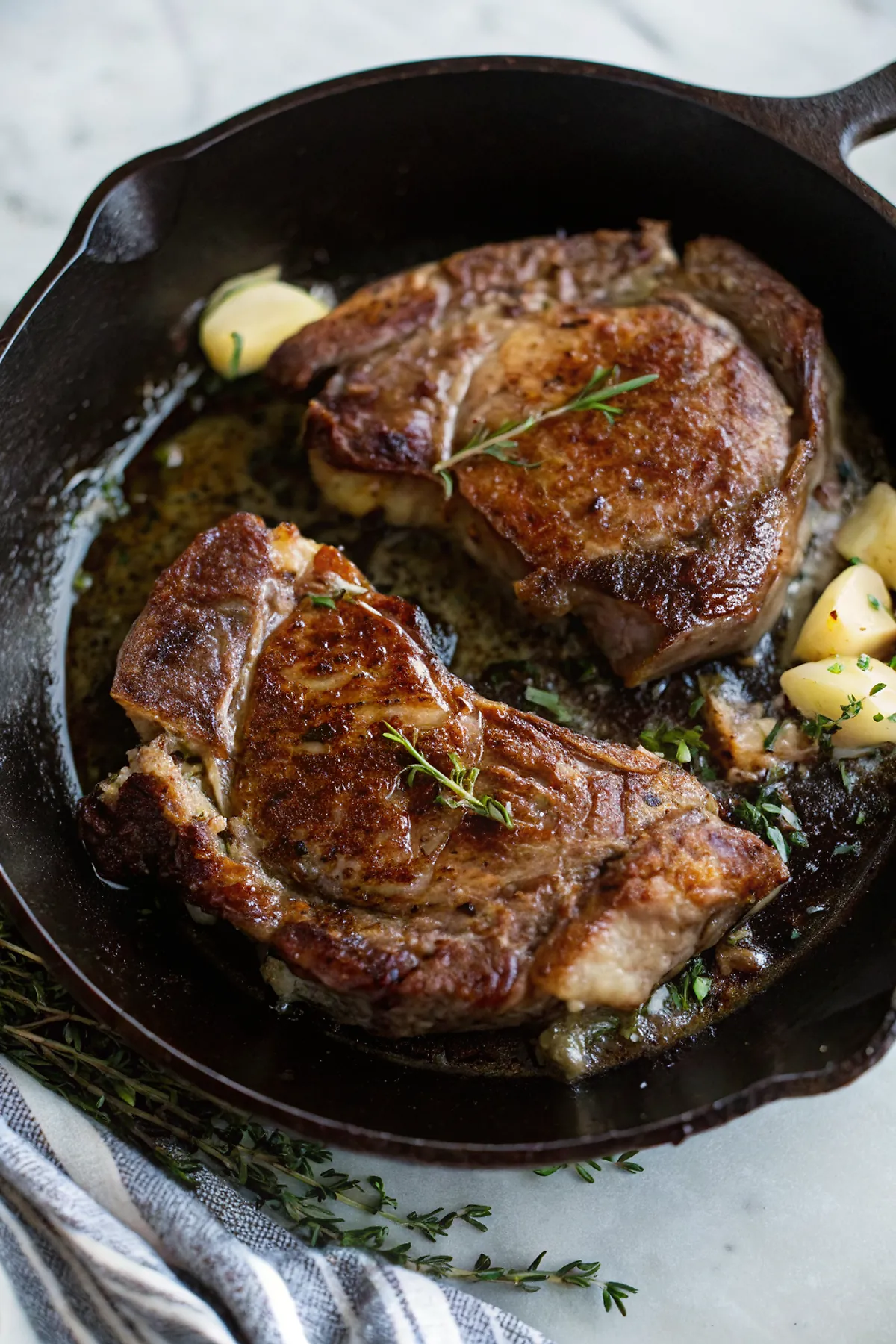Perfectly seared Skillet Seared Steak with Garlic Butter served professional style
