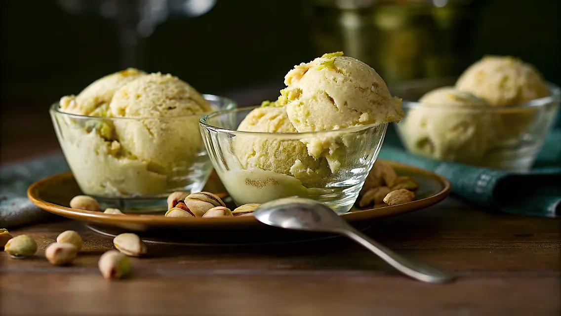 Perfectly seared High-Protein Honey-Pistachio Ice Cream served professional style