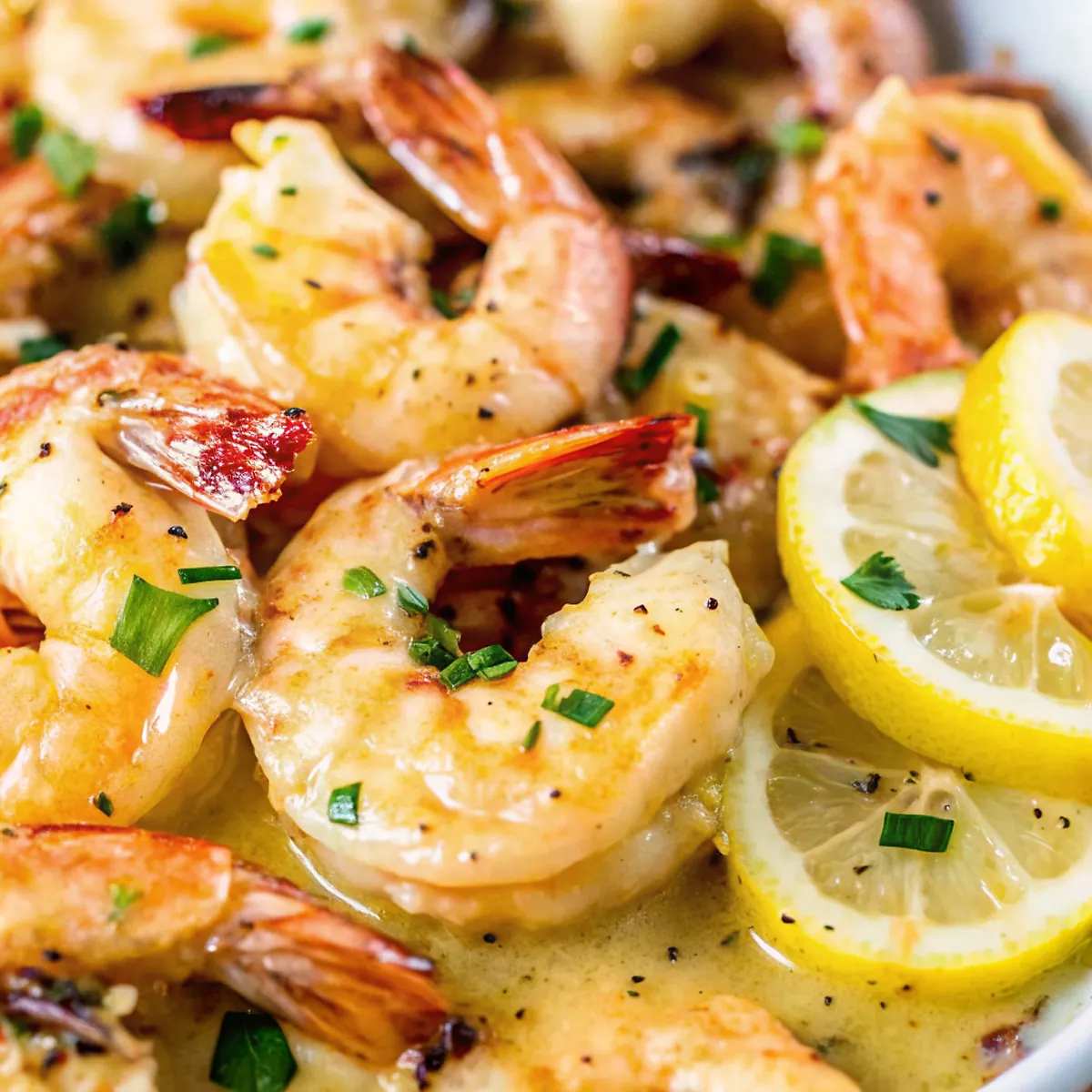 Perfectly seared Creamy Lemon Garlic Butter Shrimp served professional style