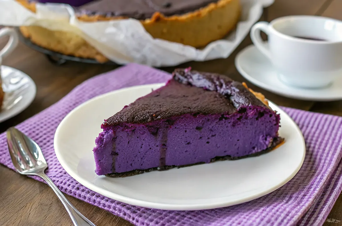 Perfectly seared Ube Basque Cheesecake served professional style