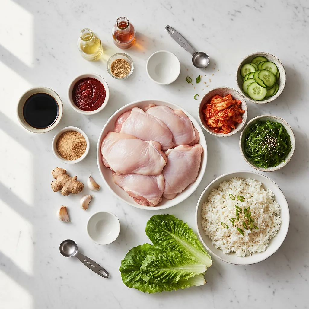 Korean BBQ Chicken ingredients organized for rapid prep on a dark wood board