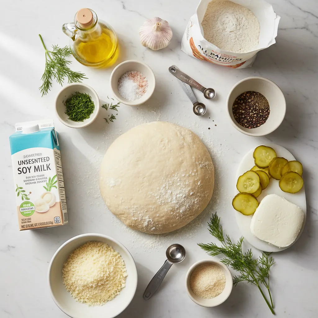 Vegan Dill Pickle Pizza ingredients organized for rapid prep on a dark wood board