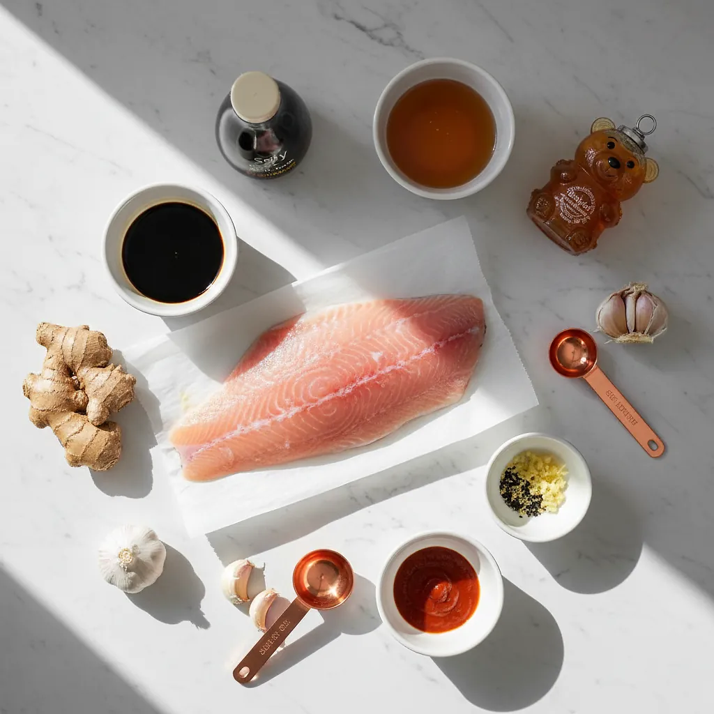 Baked Arctic Char With Honey Soy Marinade ingredients organized for rapid prep on a dark wood board