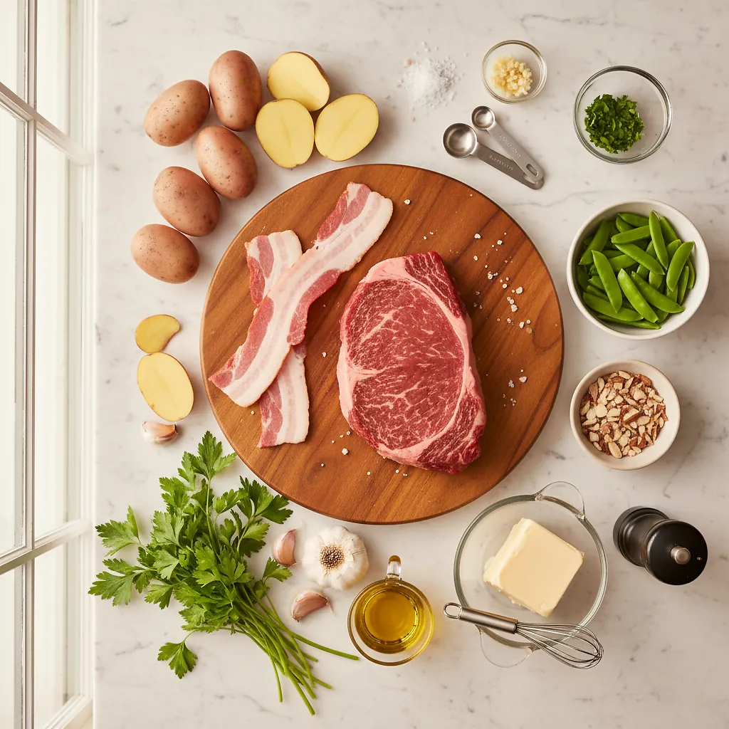Seared Steak and Bacon Roasted Potatoes with Nutty Green Beans and Garlic-Parsley Butter ingredients organized for rapid prep on a dark wood board
