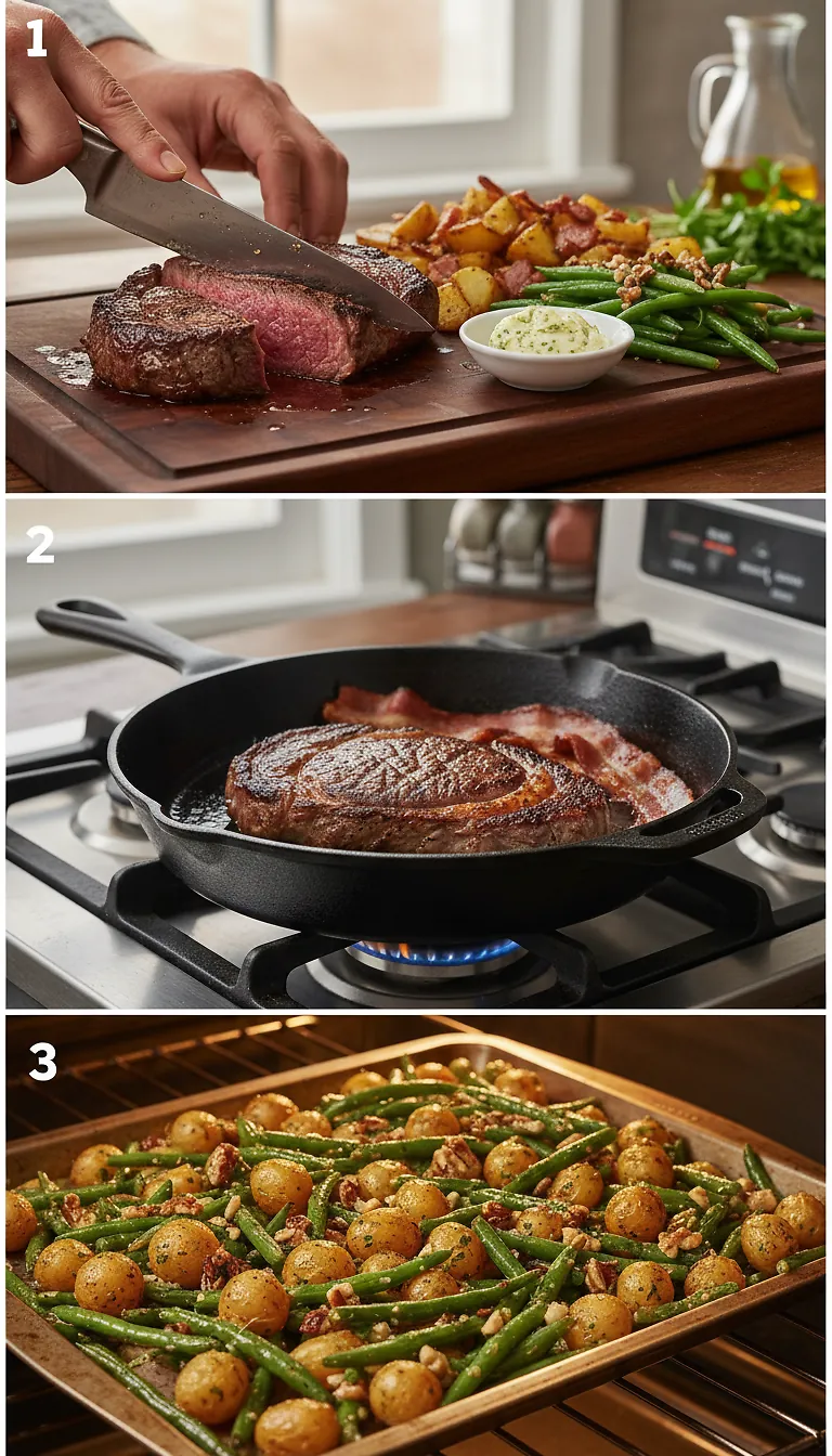 Step-by-Step High Heat Execution for Seared Steak and Bacon Roasted Potatoes with Nutty Green Beans and Garlic-Parsley Butter