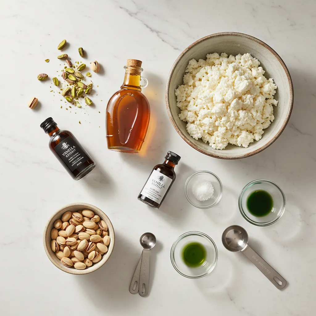 Pistachio Cottage Cheese Ice Cream ingredients organized for rapid prep on a dark wood board