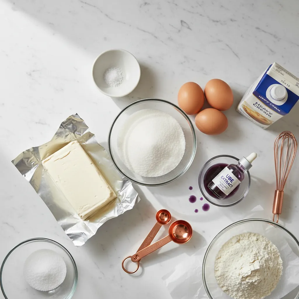 Ube Basque Cheesecake ingredients organized for rapid prep on a dark wood board