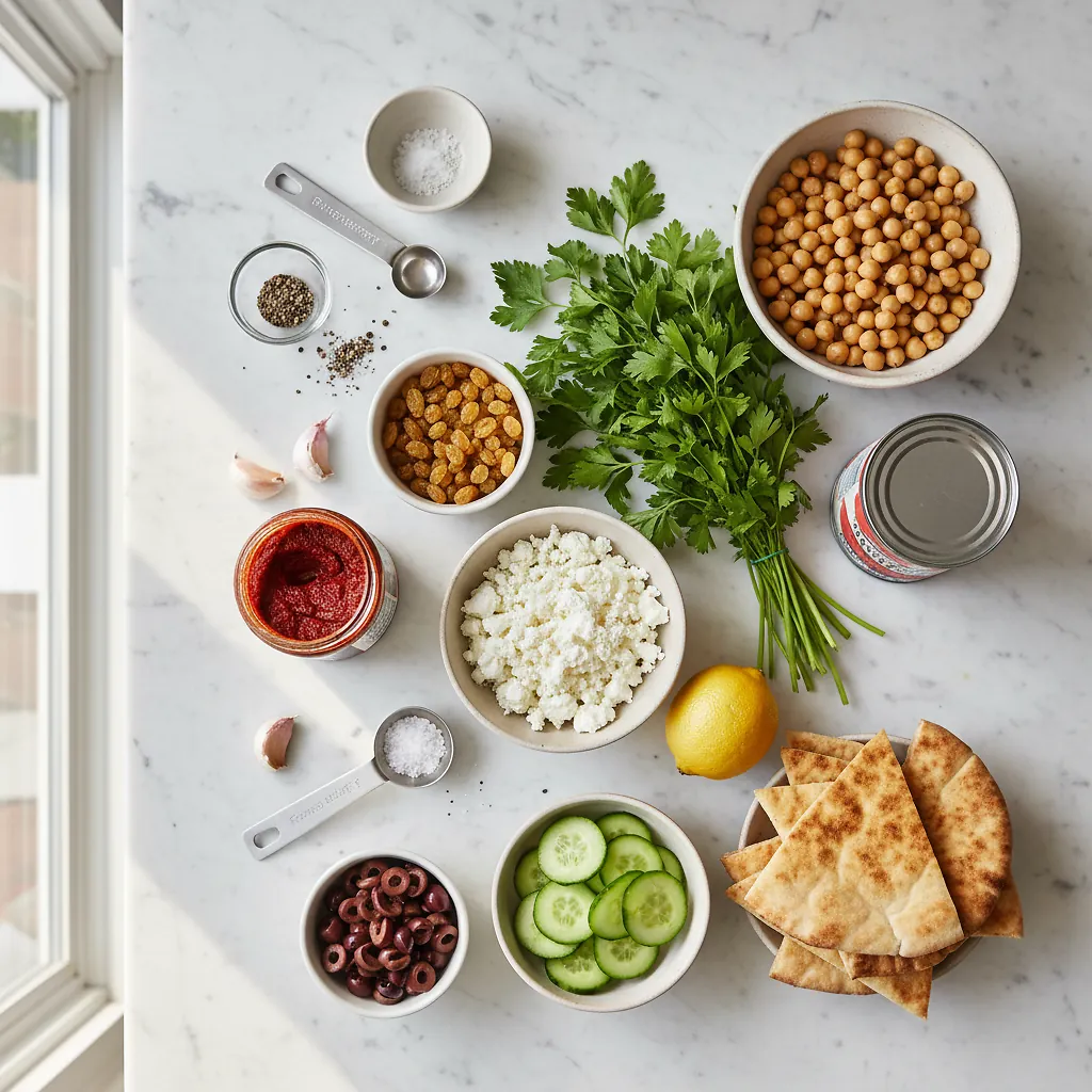 Harissa Chickpeas with Whipped Feta ingredients organized for rapid prep on a dark wood board