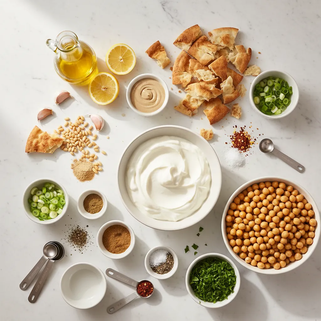 Fatteh (Spiced Chickpeas with Crispy Pita and Garlicky Yogurt) ingredients organized for rapid prep on a dark wood board