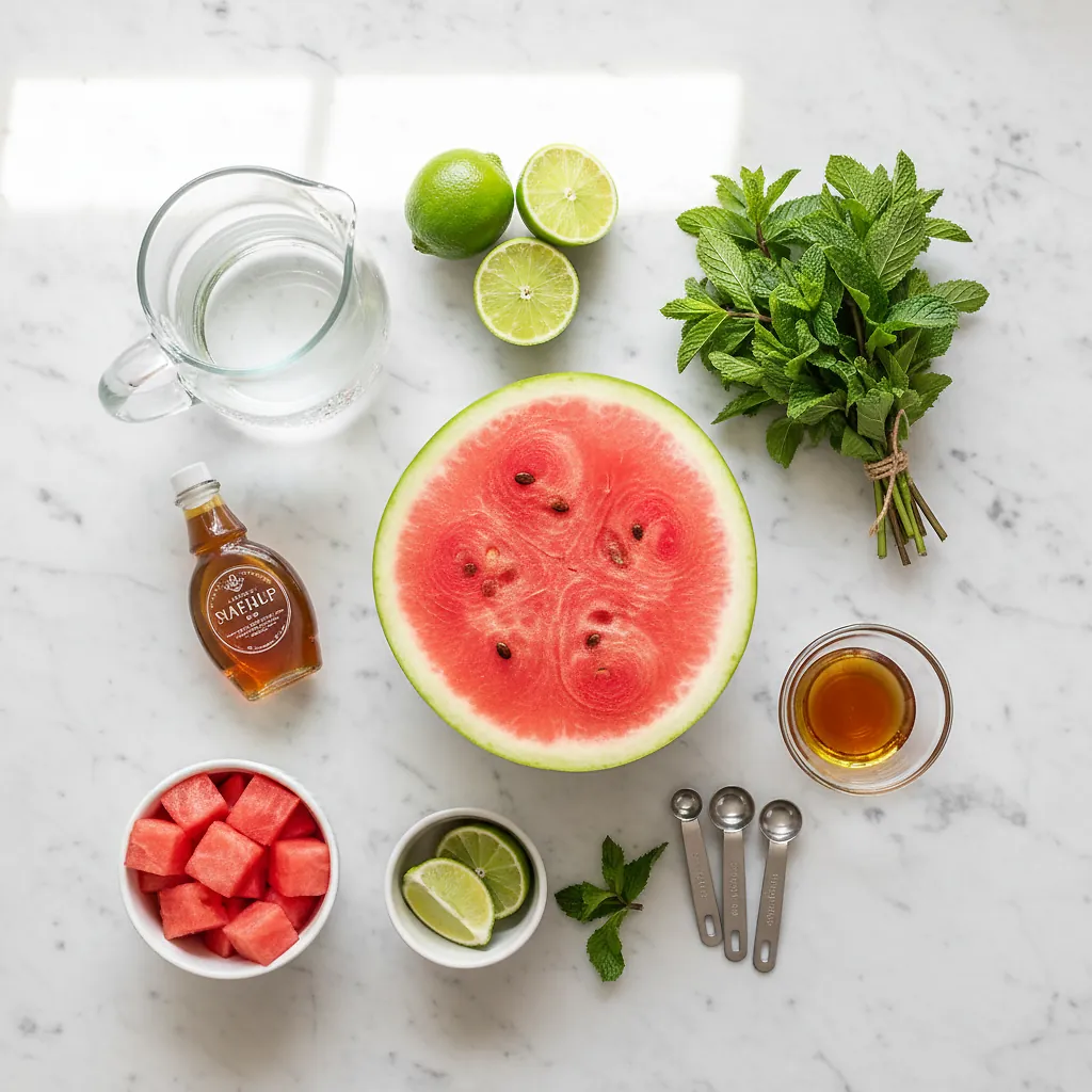 Watermelon Slushie Recipe ingredients organized for rapid prep on a dark wood board