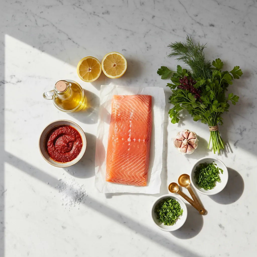 Slow-Roasted Salmon With Harissa ingredients organized for rapid prep on a dark wood board