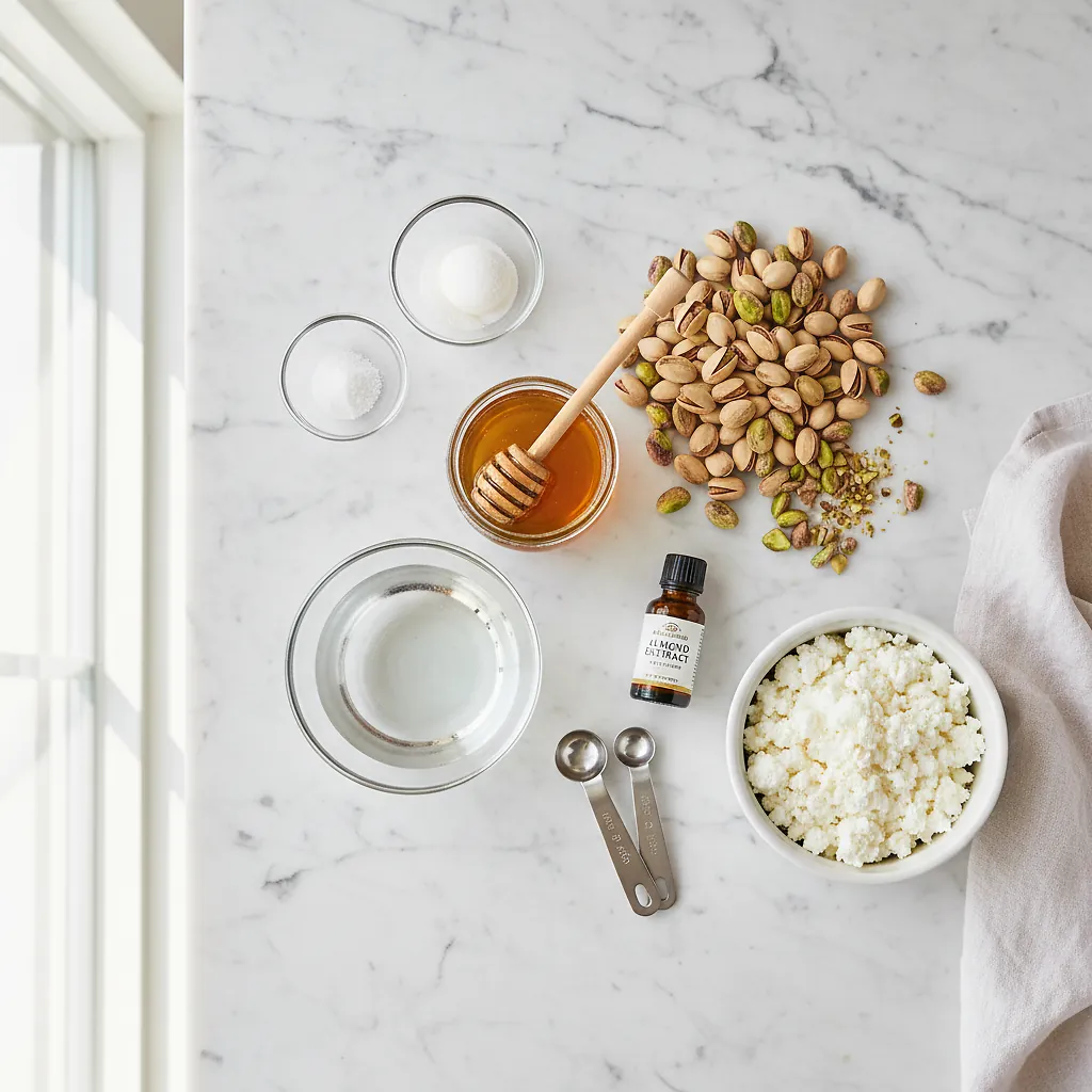 High-Protein Honey-Pistachio Ice Cream ingredients organized for rapid prep on a dark wood board
