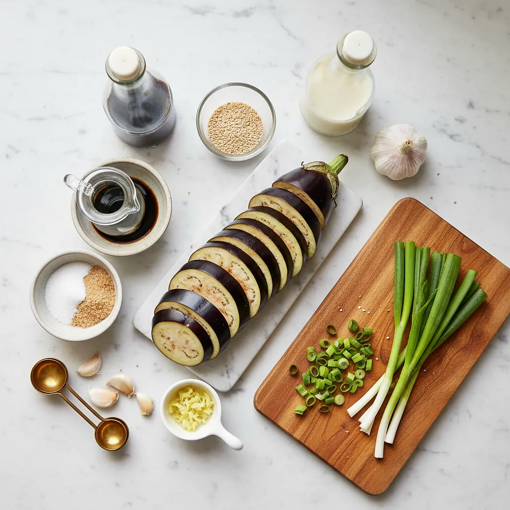 Marinated Teriyaki Eggplant ingredients organized for rapid prep on a dark wood board