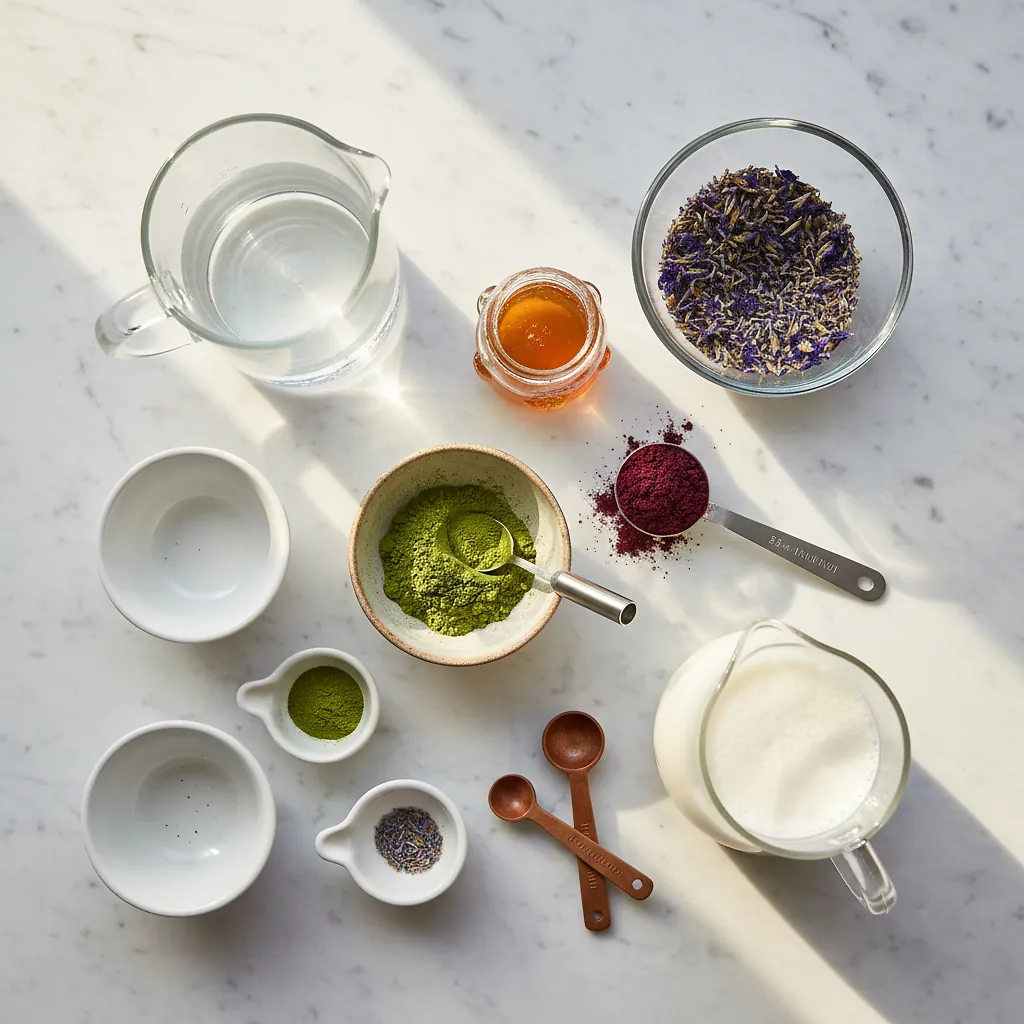 Iced Lavender Matcha Latte ingredients organized for rapid prep on a dark wood board