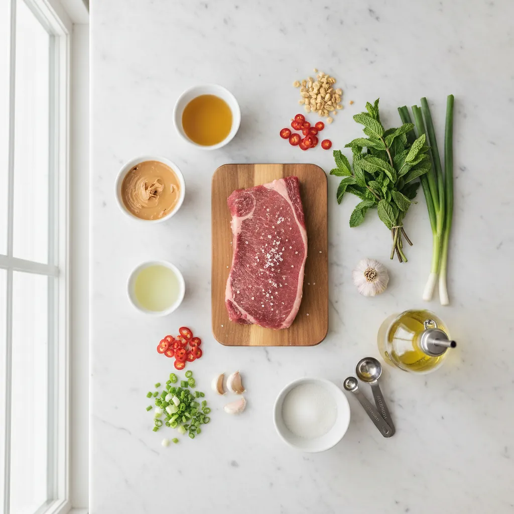 Grilled Steak With Spicy Peanut Dressing ingredients organized for rapid prep on a dark wood board