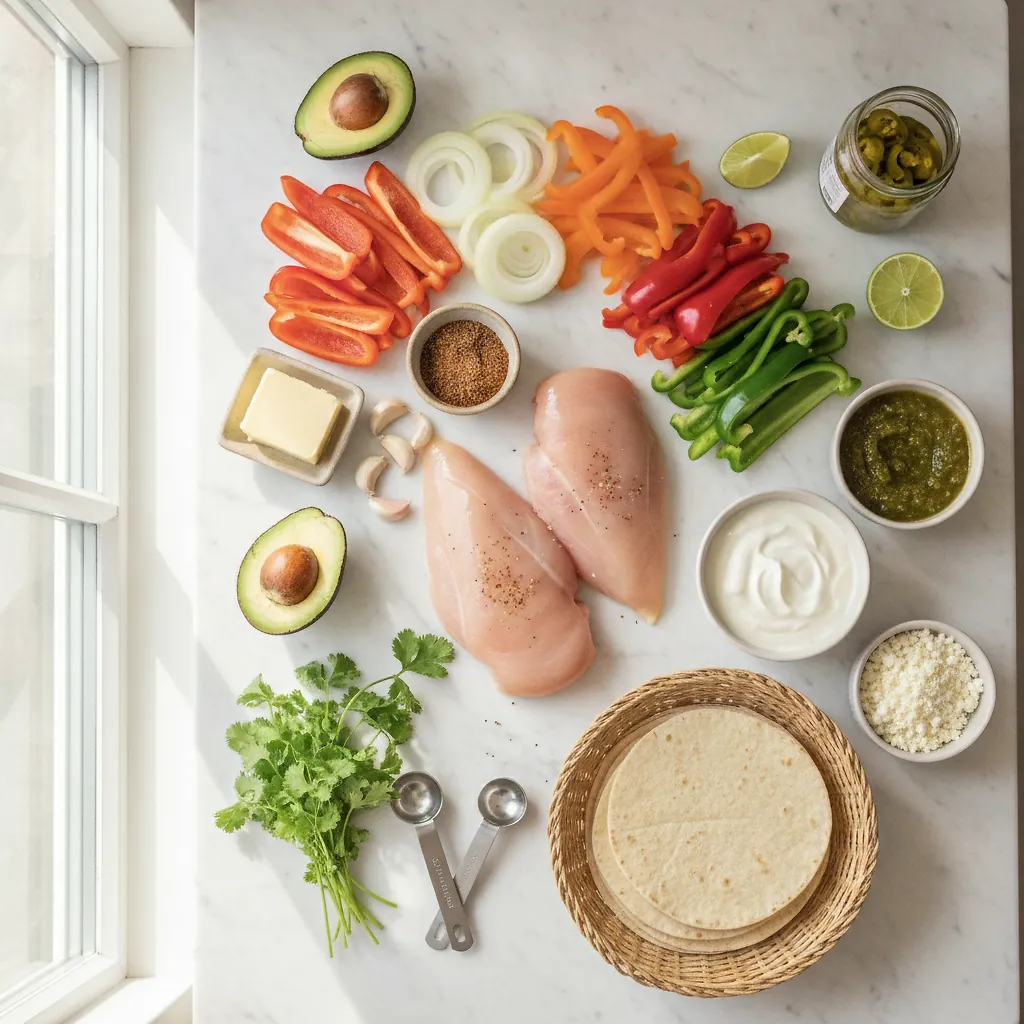Easy Sheet Pan Chicken Fajitas ingredients organized for rapid prep on a dark wood board