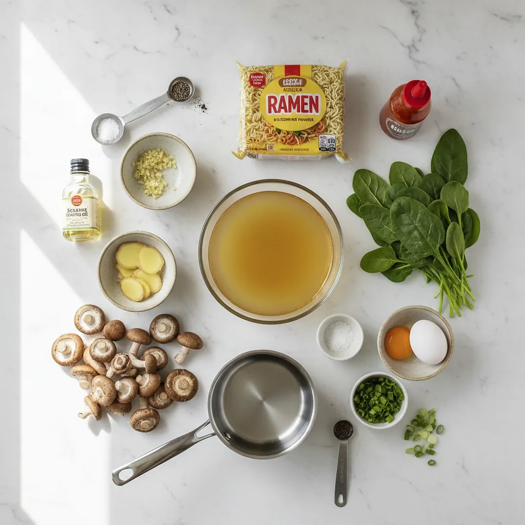 Upgraded Instant Ramen ingredients organized for rapid prep on a dark wood board
