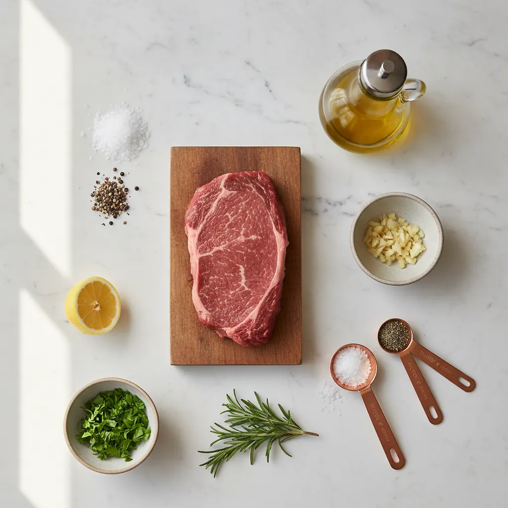 High-heat searing ingredients organized for rapid prep on a dark wood board