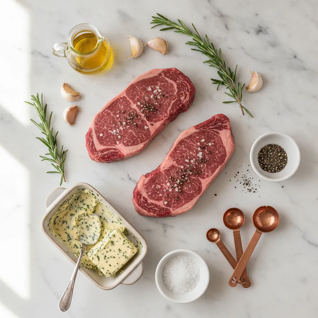 Pan Seared Steak With Compound Butter ingredients organized for rapid prep on a dark wood board