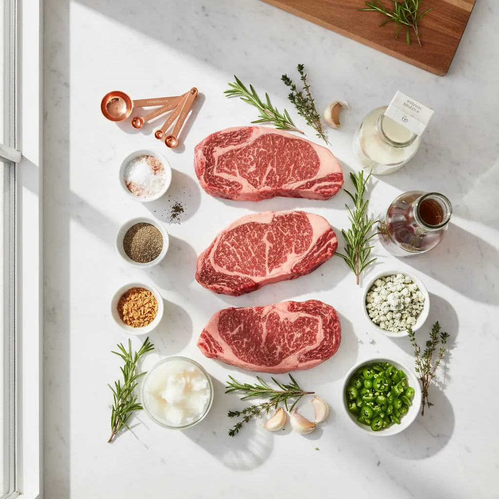 Steak in Beef Tallow ingredients organized for rapid prep on a dark wood board