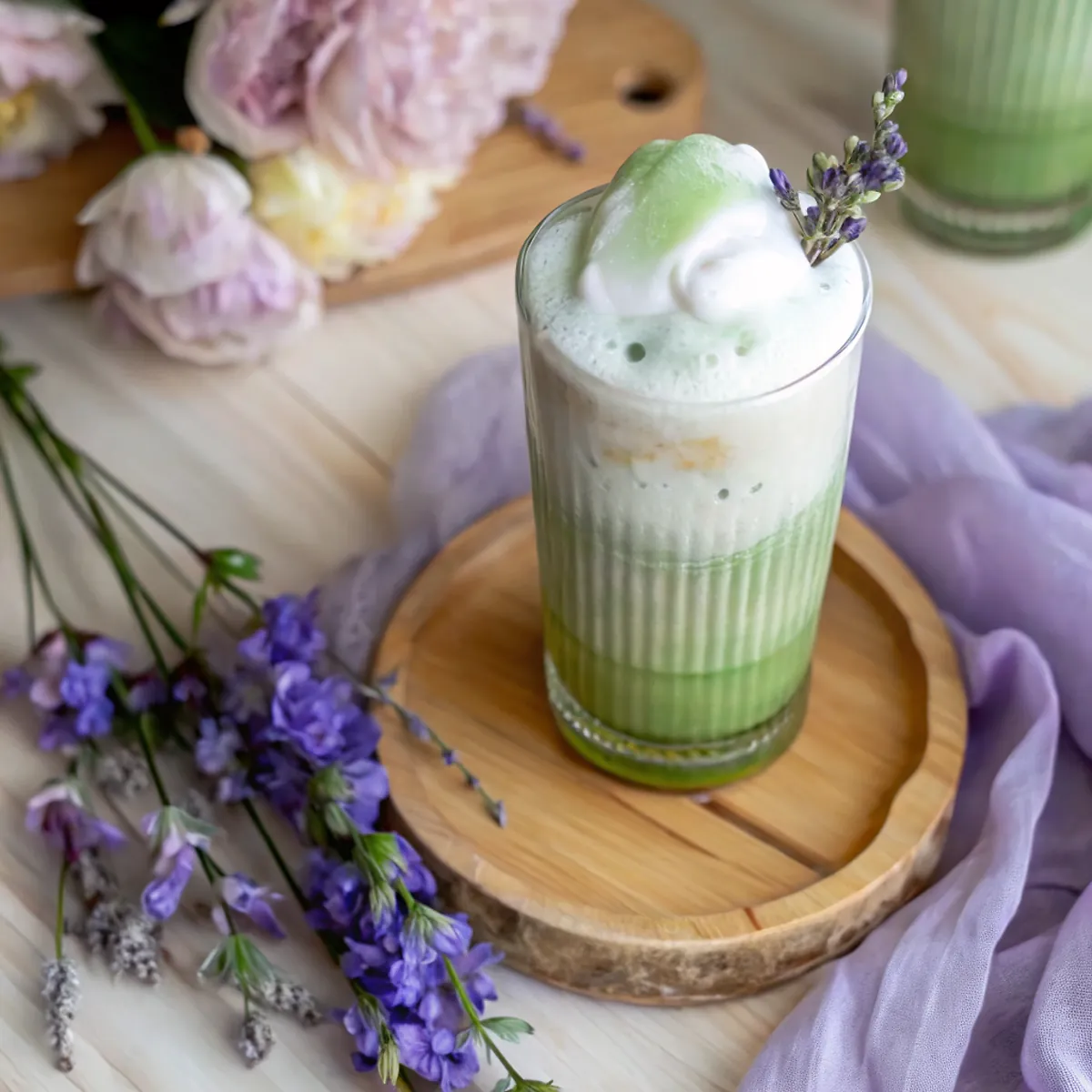 Perfectly seared Iced Lavender Matcha Latte served professional style