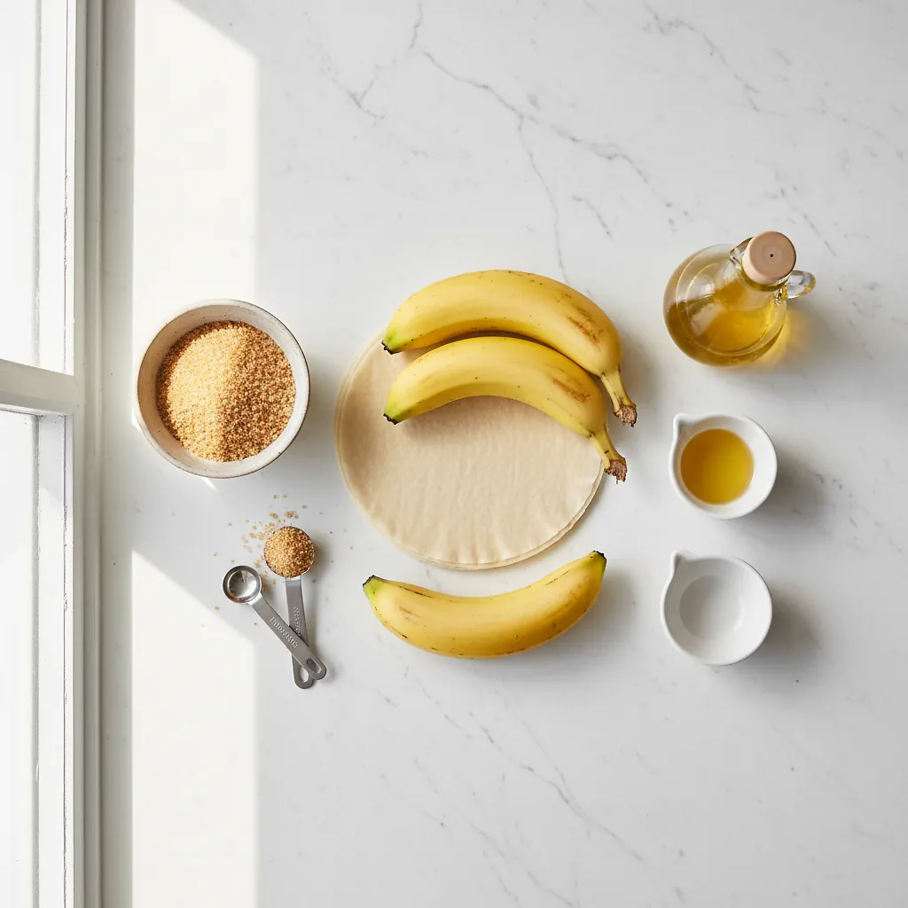 Banana Lumpia (Filipino Turino) ingredients organized for rapid prep on a dark wood board