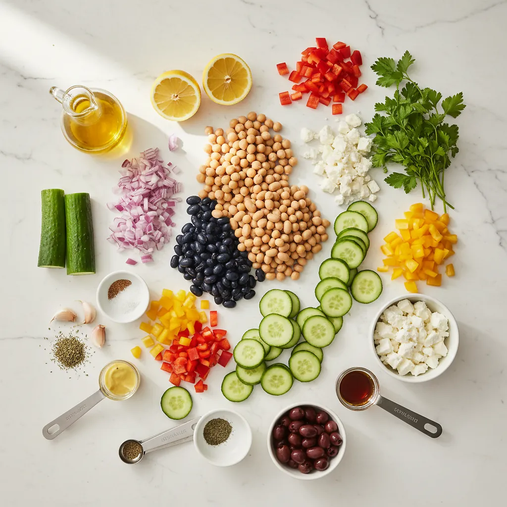 Mediterranean Dense Bean Salad (Viral TikTok Recipe) ingredients organized for rapid prep on a dark wood board